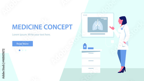 Medicine banner concept with woman doctor. Pulmonologist. Web banner. Doctor looking at x-ray of the lungs. Consulting and diagnostics. Modern flat vector illustration.
