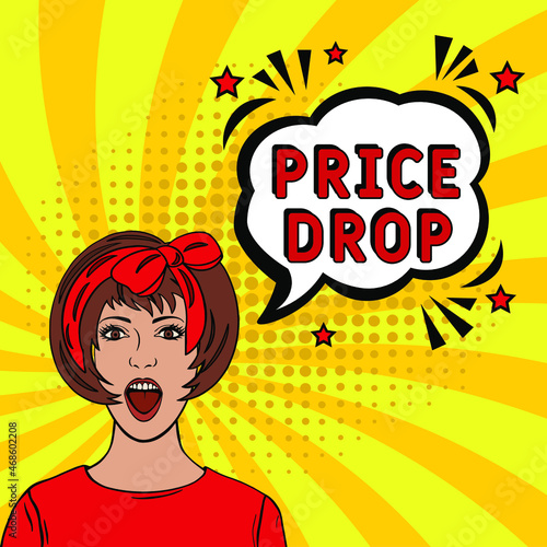 Price drop. Comic book explosion with text - Price drop. Interesting facts symbol. Vector bright cartoon illustration in retro pop art style. Can be used for business, marketing and advertising. 
