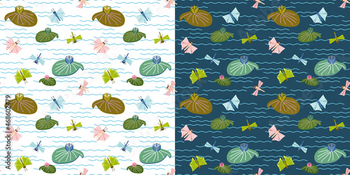 Seamless pattern with dragonflies, butterflies and water lilies on the pond. Vector pattern. Texture for fabric, clothing, wallpaper, wrapping paper, stationery.
