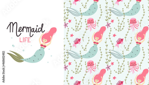 Cartoon mermaid seamless pattern and illustartion. Cute underwater character, childish clothers set, kids fairy tale girl, t-shirt print or poster with lettering. Kids decor textile vector print