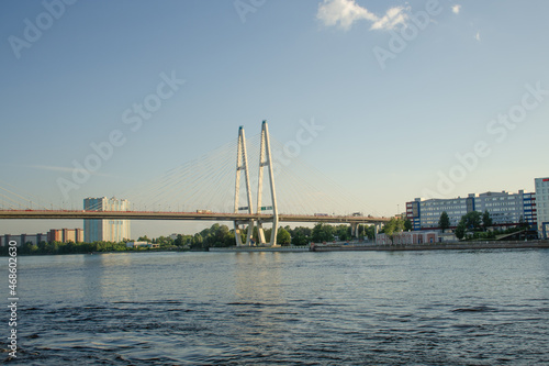 Modern road Vantovyi bridge across the river. Summer travel concept