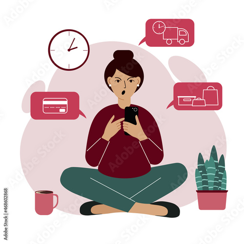 Online shopping. The woman is sitting with a laptop. The buyer orders the product online. Dissatisfied with the service.