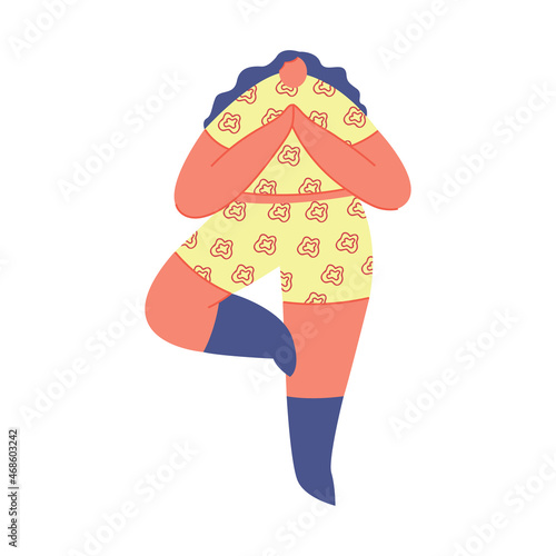 Cartoon girl in a sports uniform. Beautiful plump woman does yoga. Sports, meditation, spiritual practice. Colorful illustration on a white isolated background. Vector clipart for your business.