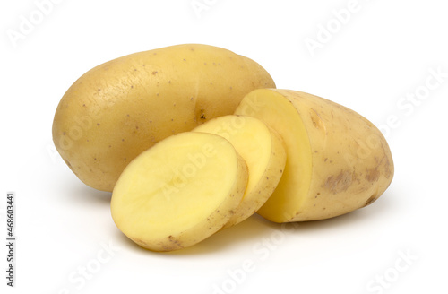 raw potatoes and slices isolated on white background, with clipping path..