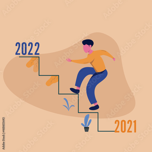 Background vector illustration,. businessman are currently on the stairs leading up to 2022. flat design style. suitable for landing page, UI, animation, news