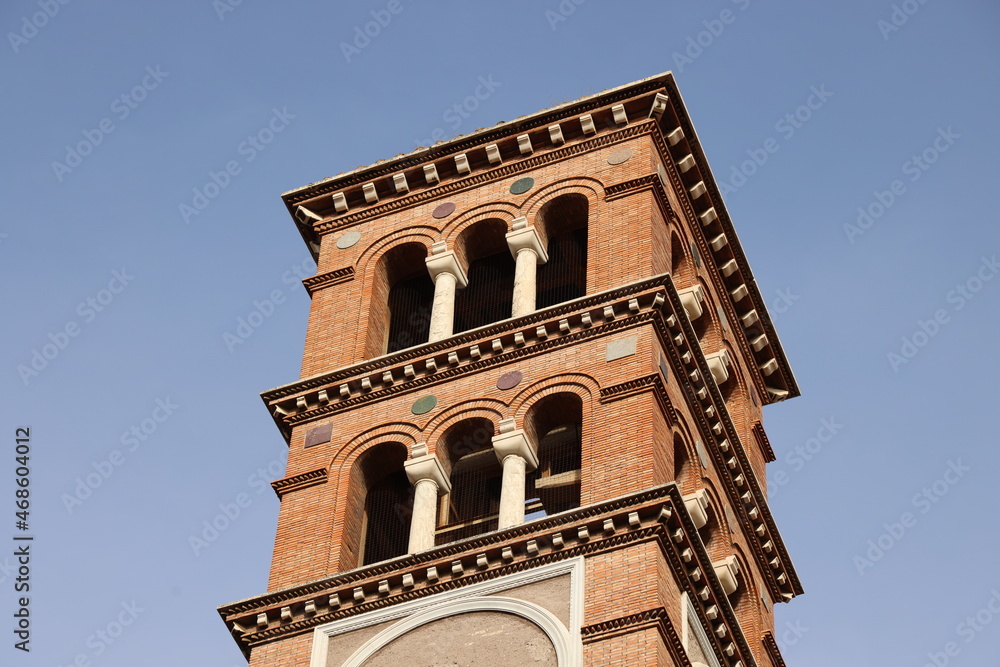 Bell tower of the church of the Coppede district in Rome, Italy