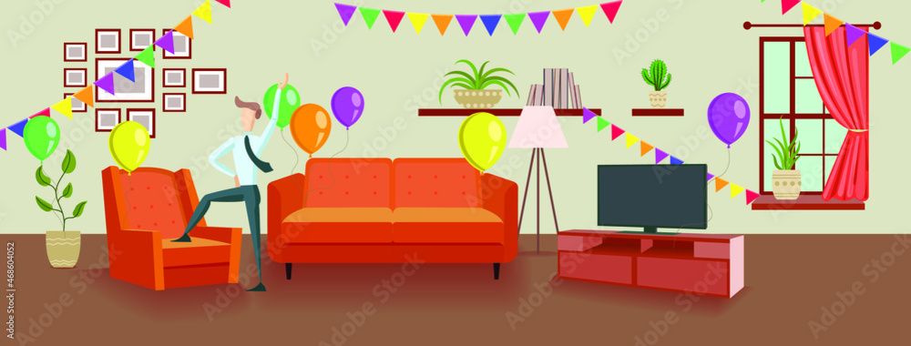 Vector party room, birthday surprise party decorations, colorful background template, man in office suit ready to partying.