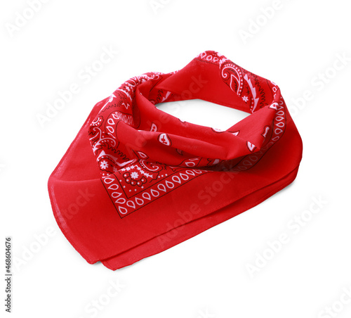 Folded red bandana with paisley pattern isolated on white