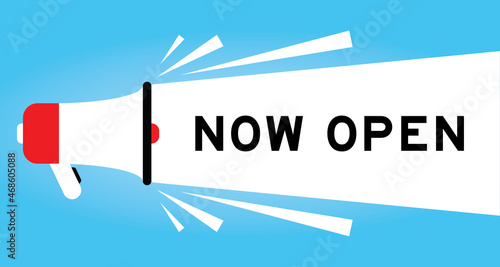 Color megphone icon with word now open in white banner on blue background