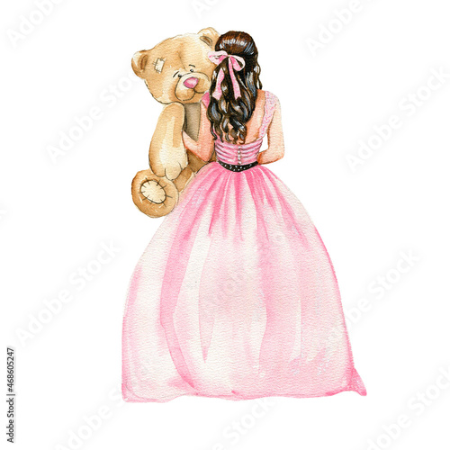 Watercolor fashion style illustration, Christmas girl with new year tree ,walking girl, legs in heels , legs in jeans.