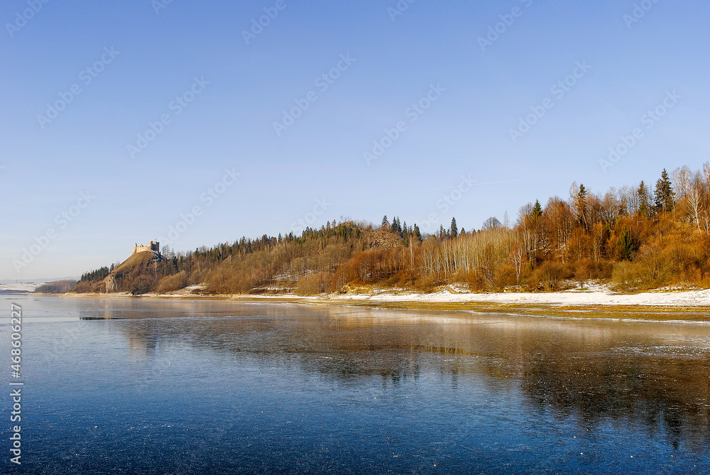 Castle on a hill on the shores of the lake, Czorsztyn, Pieniny, Poland