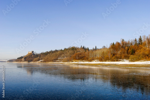 Castle on a hill on the shores of the lake  Czorsztyn  Pieniny  Poland