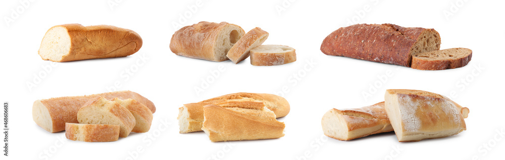 Set with freshly baked tasty baguettes on white background. Banner design