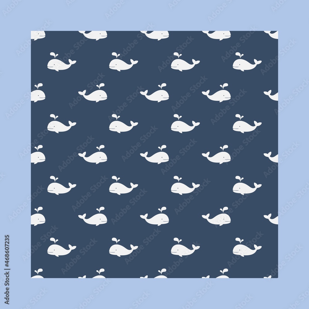 Fototapeta premium Seamless pattern with blue whales. Bright cartoon print. Art can be used for International Day of the Whales.