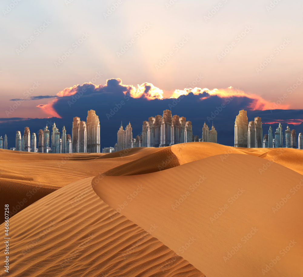 Sandy desert and silhouette of city on horizon at sunset Sandy desert and silhouette of city on horizon at sunset