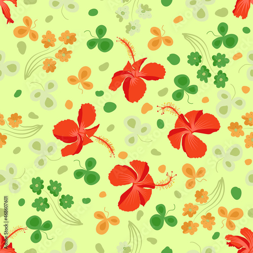 Flourish full panoramic motif image of tahitian hibiscus rosa sinensis. Best for printing material such as handkerchief, shower curtain, phone, duvet, etc. Allover botanical surface pattern.