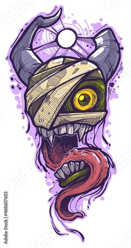 Cartoon scary green zombie mummy monster with horns, big tongue and sharp canines. Vector isolated on white background.