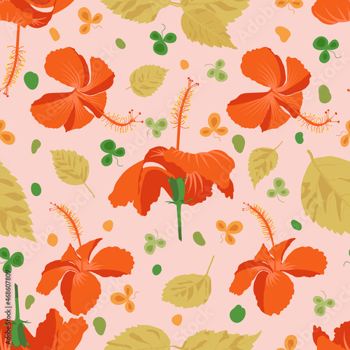 Print pattern design in a panoramic shape for upholstery things, home decor etc. Hibiscus rosa sinensis repeating artwork four sided boxy vector download for papers.