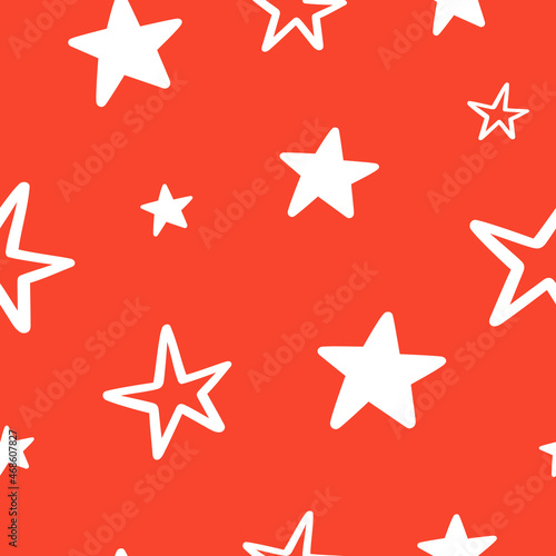 Christmas background with white stars on a red background. Vector texture.