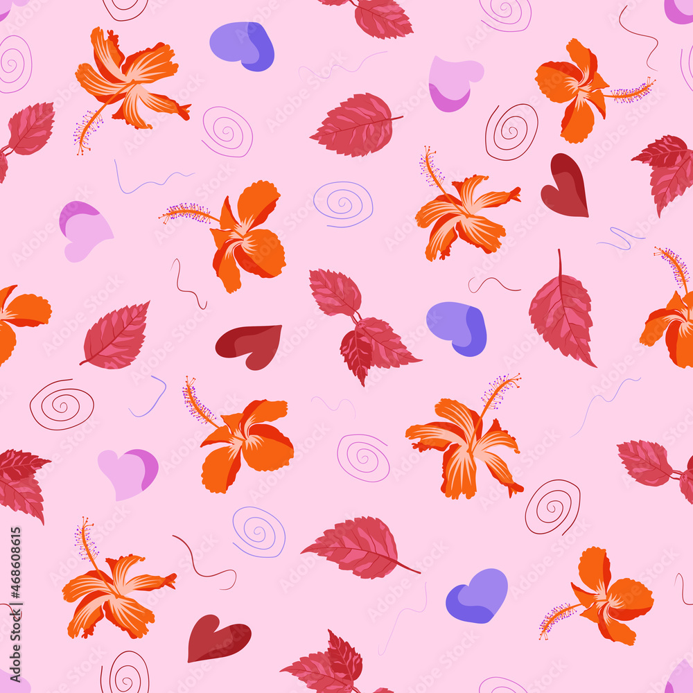 Obraz premium Full flourish graphical surface pattern artwork of hibiscus rosa sinensis aka shoeblackplant. Vibrant and radiant dark background repeating seamless art. Best for upholstery and textile fabrics.