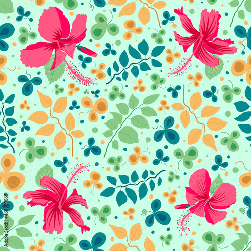 Ornamental flourish corolla element pattern texture shape with hibiscus rosa sinensis vector. Four sided repeating artwork designed for joyful back cover, apparel, tote bag, mask, coverlet etc.