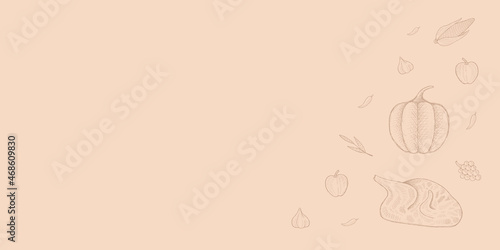 Autumn harvest banner design. Hand drawn style of turkey, pumpkin, apple, garlic, grape. Suitable for banner, social media, web.
