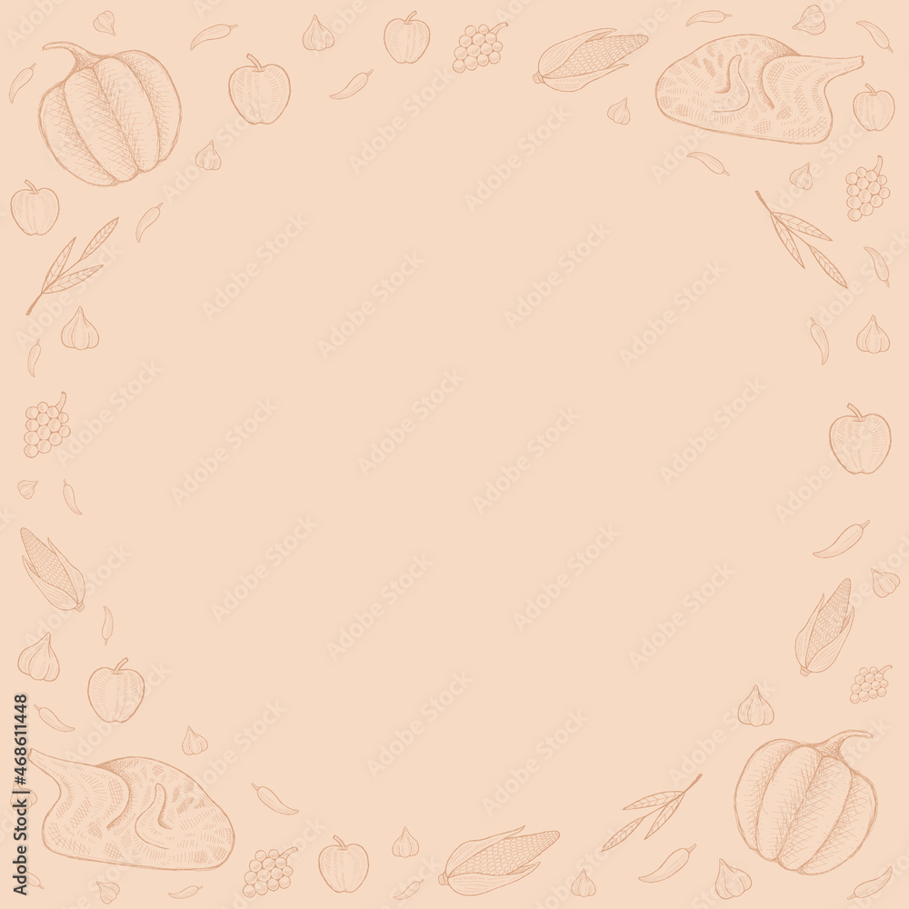 Autumn square background with pumpkin, turkey, garlic, spicy hand drawn ornament. Suitable for social media, Ig feed, ads. Autumn square background with pumpkin, turkey, garlic, spicy hand drawn ornament. Suitable for social media, Ig feed, ads.