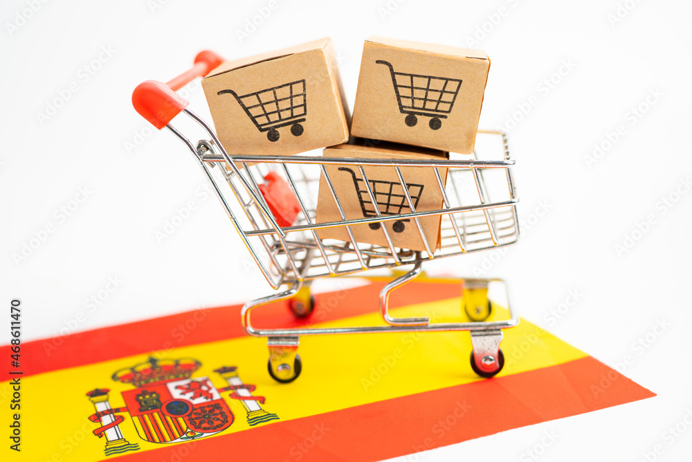 Box with shopping cart logo and Spain flag, Import Export Shopping online or eCommerce finance delivery service store product shipping, trade, supplier concept.