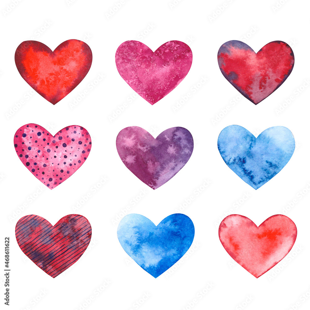 Hearts of bright colors painted in watercolor on a white background. Suitable for the design of invitations, Valentine's Day cards.