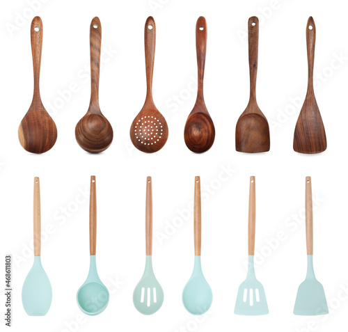 Kitchen tool sets on white background, collage