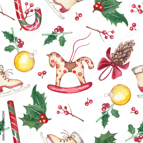 Fototapeta Naklejka Na Ścianę i Meble -  Seamless pattern with Christmas toys on a white background.Perfect for design, textiles, wallpaper, scrapbooking.