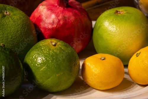 Citrus vitamin juice, healthy drink with fresh fruits, lime, grapefruit, orange