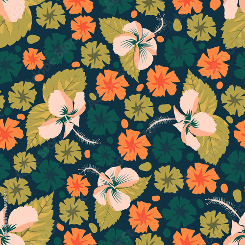 Subtropical hibiscus floral seamless surface pattern designed for elegant home decoration, interior design, upholstery like divan, sofa, bedsheet, mug, rug, curtain, blanket, throw pillow etc.