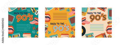 Back to the 90s. Video and audio cassettes, TV with VCR, vinyl records. Set of vector multicolor backgrounds for poster or invitation.