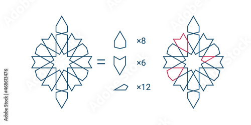 Construction of traditional islamic geometric twelvefold rosette for explanation its design or making mosaic pieces or tiles isolated on white backgrounds. Vector illustration.