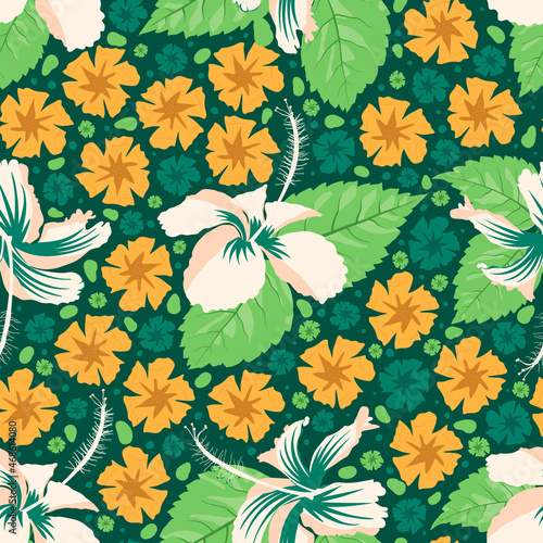 Orange and dark green color combination hibiscus surface pattern design with conceptual foliage elements. Print and use for garment clothes, napkin, raincoat, sofa, art print, drapery etc.