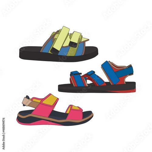 Fashion sandal vector set illustration with white background . Summer set shoe of sandal cartoon. Isolated set cartoon summer footwear.