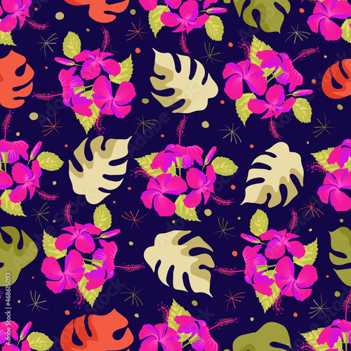 Repeating download hibiscus shoeblackplant image pattern for furniture, rug, pillow slip, yardage and fashionable kids mask. Continuous symmetrical square surface design.