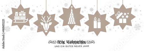 Banner Weihnachtsdekoration - frohe Weihnachten -  Sterne Rentier Schlitten Weihnachtsbaum Kerzen Geschenke - deutscher Text.