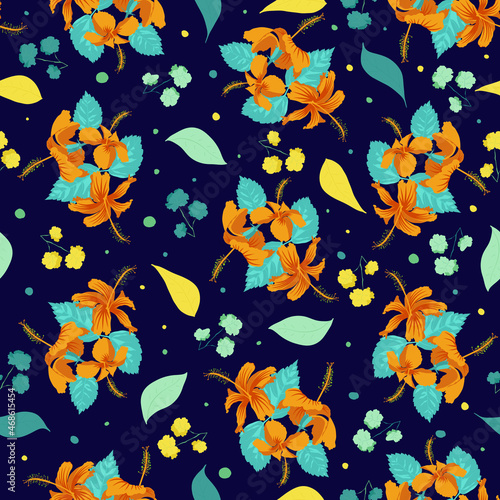 Repeating tile texture of blooming shoeblackplant hibiscus rosa sinensis. Hawaiian floral colorful hand drawn artwork for upholstery like wallcovering, fashionable bedsheet, curtains, rug etc.