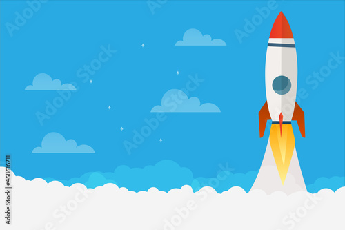 Rocket start up concept with clouds workspace vector design.