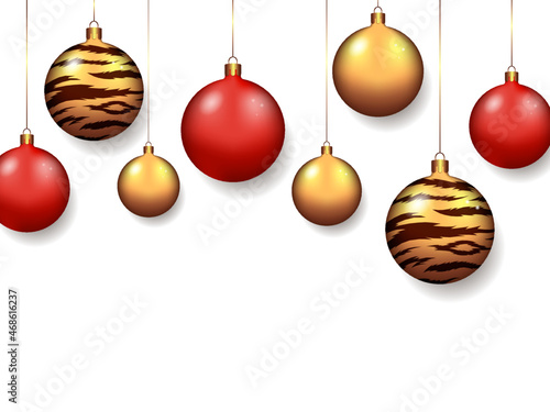 christmas balls on the Christmas tree background with free space new year- the year of the tiger