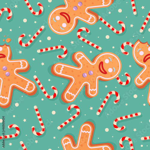 Pattern with gingerbread man cookie and candy cane on red background in retro vintage style. Vector illustration