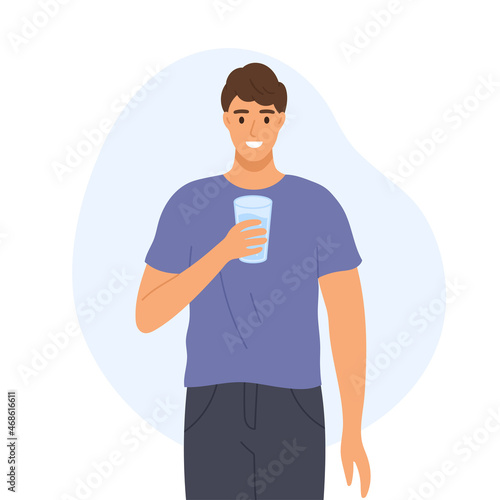 Drink more water concept. Man holding a glass of water isolated on white background flat style vector illustration.