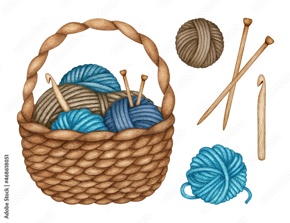 Watercolor Knitting Crocheting Tool Set Hand Drawn Wooden Crochet Hook Needle  Yarn Wool Skeins Ball Of Blue Threads Hand Drawn Clipart Elements Isolated  For Design Stock Illustration - Download Image Now - iStock