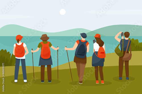 Vector illustration of hiking group of people. Tourists came for a walk in nature. Landscape with mountain ans water. Vector flat illustration.