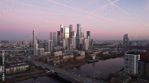 Aerial shot of futuristic Moscow International Business Center at sunset. Moscow Downtown skyscrapers. The concept of success. the camera is going right..High quality 4k footage