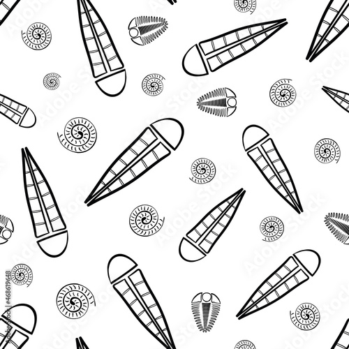 Ammonite trilobite haplophrentis vector seamless pattern background. Hand drawn shell cephalopod, arthropod, hyolithis ribbed fossils Extinct marine predators and filter feeders. For education