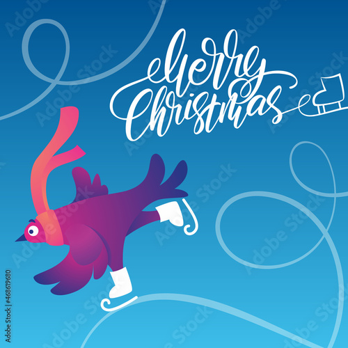 Bright square Xmas banner with funny pigeons. Handwritten lettering Merry Christmas. Funny characters doves in skates. Pigeons are skating on the ice rink. Holiday vector illustration.