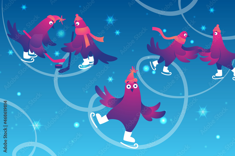 Bright Xmas web banner with funny pigeons. Christmas Festive banner. Funny characters doves in skates. Pigeons are skating on the ice rink. Holiday vector illustration.